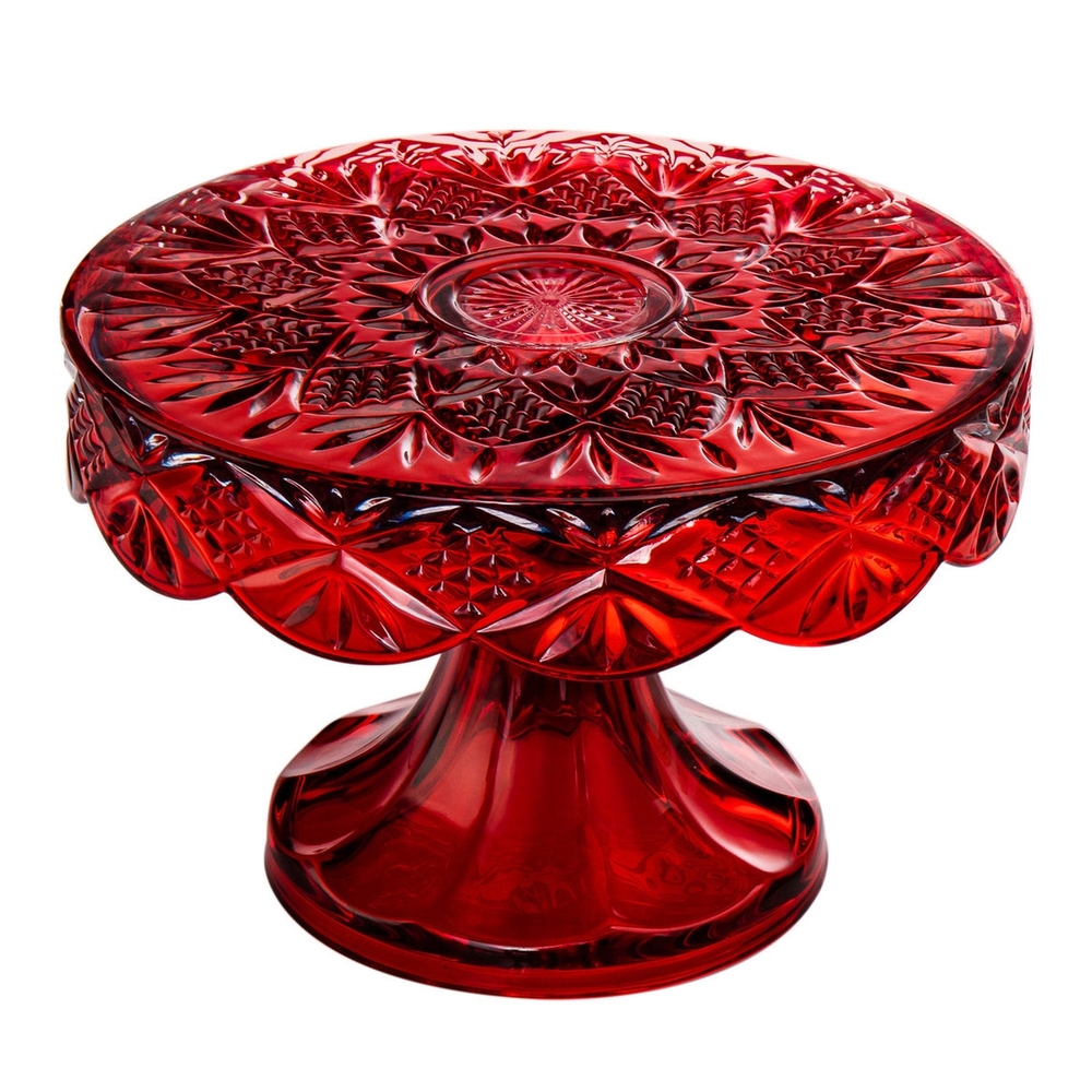 Luxurious Red Glass Art with Intricate Design and Scalloped Edge